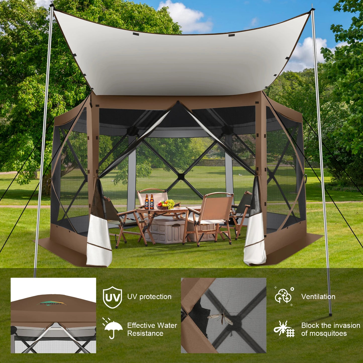 Pop Up Gazebo 12'x12' 6-Sided Screen House Tent for Camping, Instant Stargazing Gazebo Canopy