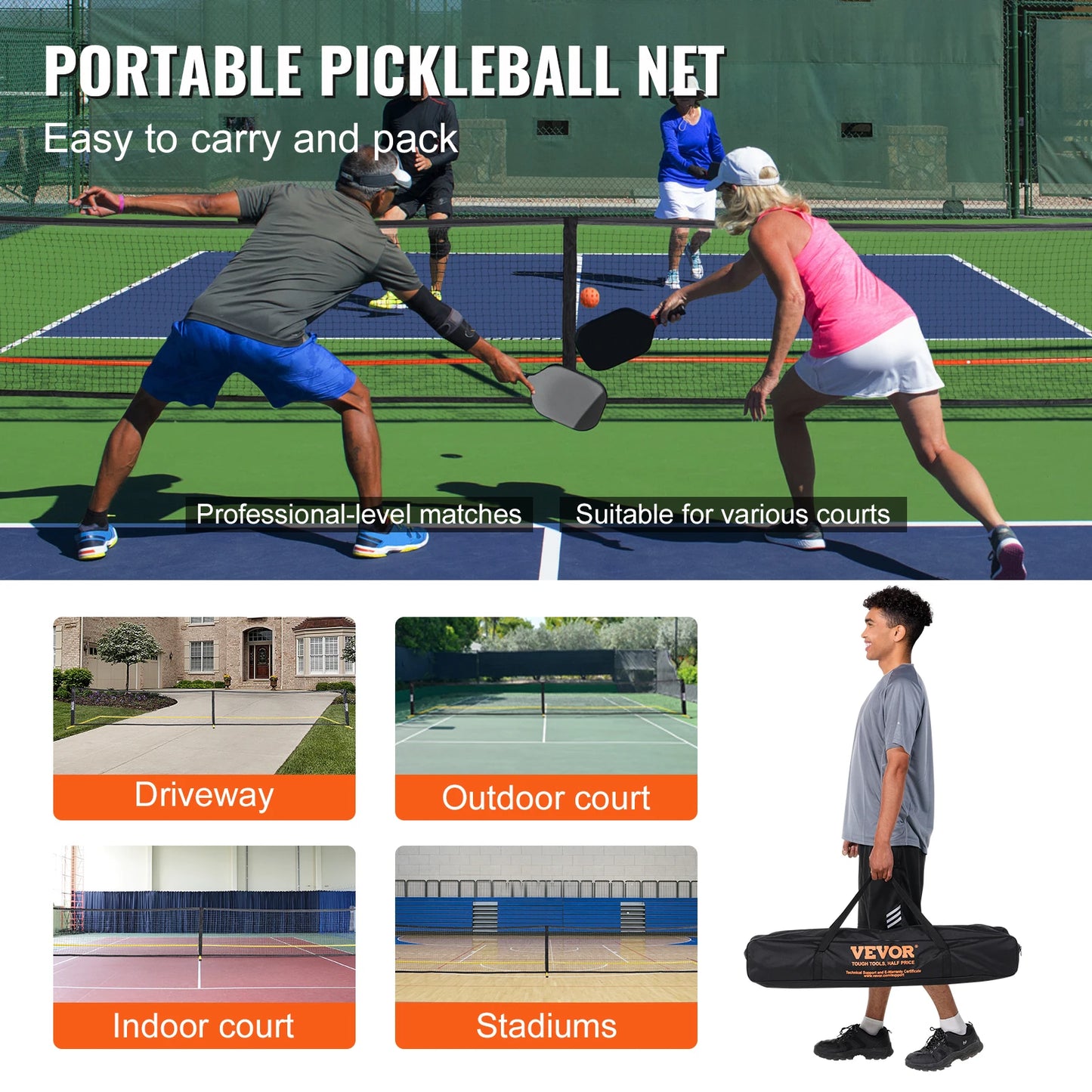 VEVOR Portable Pickleball Net System 22FT Full Court Pickle Ball Nets Indoor & Outdoor