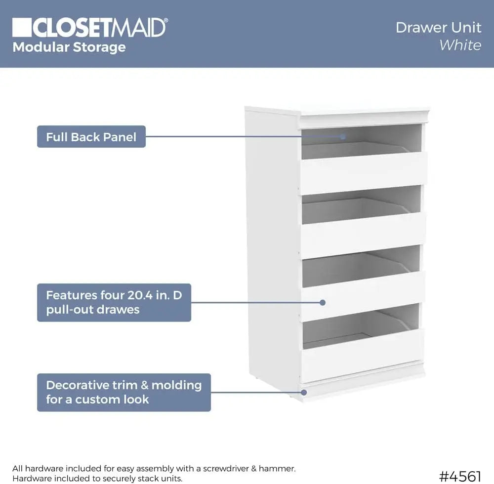 ClosetMaid Modular Storage Unit/4 Drawers, Wood Closet Organizer, Decorative Trim, White