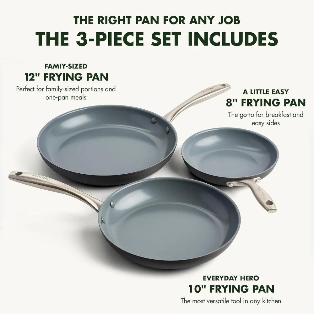 GreenPan Lima Hard Anodized 8 10 & 12 Frying Pan Skillet Set, Ceramic Nonstick, PFAS-Free Nontoxic Pots & Pans, Oven & Broiler S