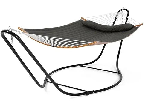 Double Outdoor Hammock with Stand, Two Person Cotton Rope Hammock with Polyester Pad, Dark Gray