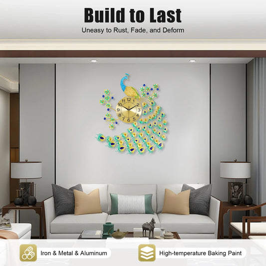 European Peacock Wall Clock - Elegant & Modern Decorative Silent Quartz Clock for Living Room & Office - Brings Luck & Harmony