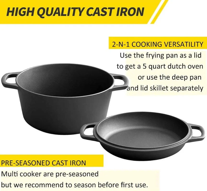 EDGING Dutch Oven Pot w/Skillet Lid Cooking Pan, Cast Iron Skillet Cookware Pan w/Dual Handles