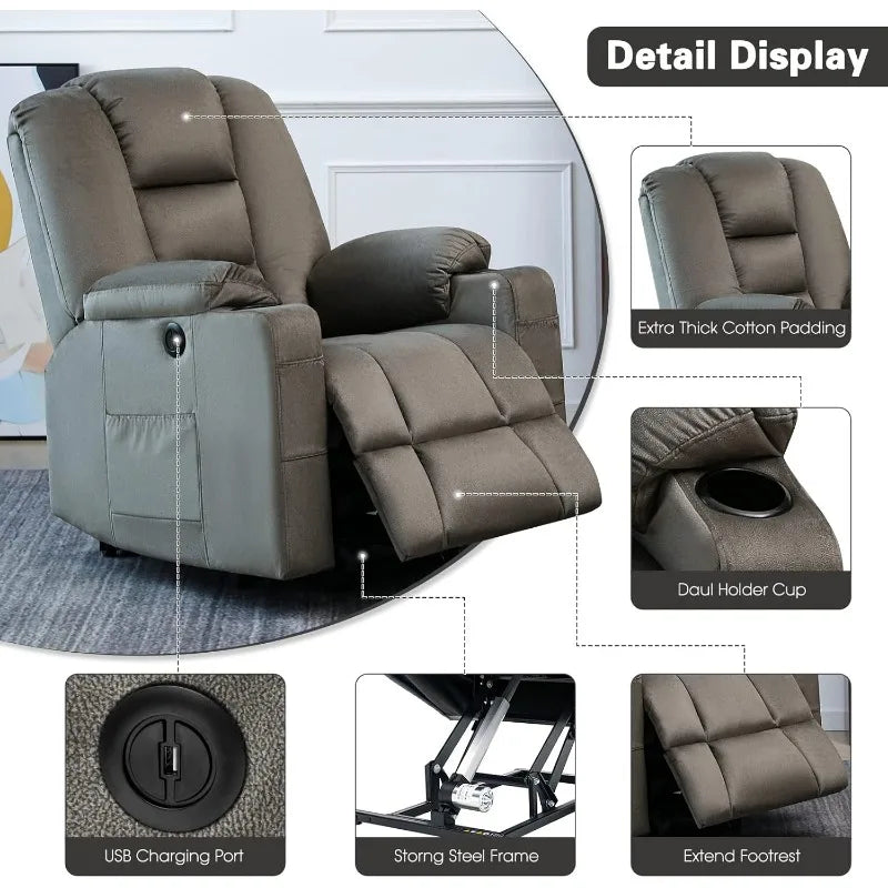 Power Lift Recliner Chair for Elderly, Plush Fabric Electric Recliner w/Heated & Vibration Massage