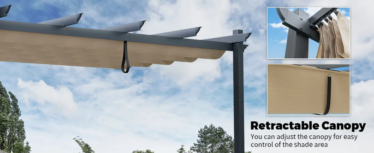 10x13 Ft Pergola,Aluminum Pergola w/ Retractable Sun Shade Canopy,Metal Pergola Structure