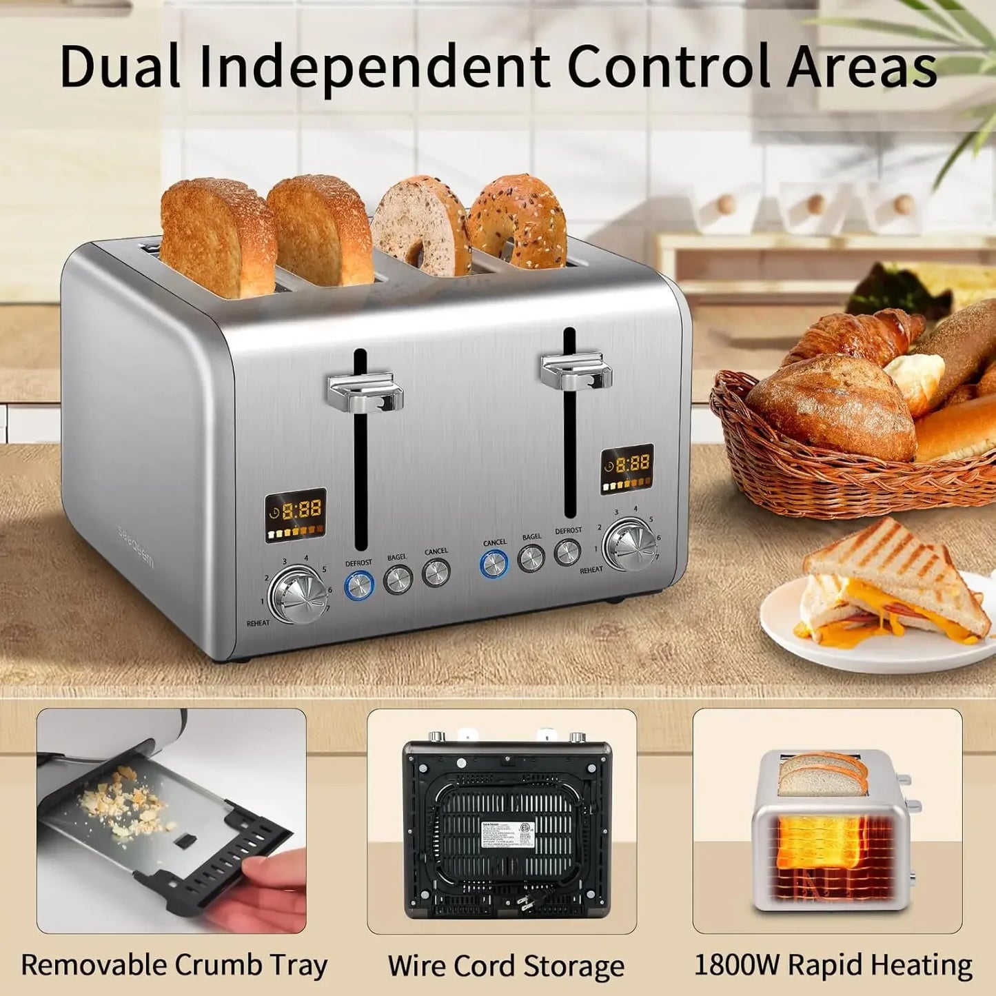 4 Slice Toaster Stainless Bread Toaster Color LCD Display 7 Bread Shade Settings 1.5'' Wide Slot