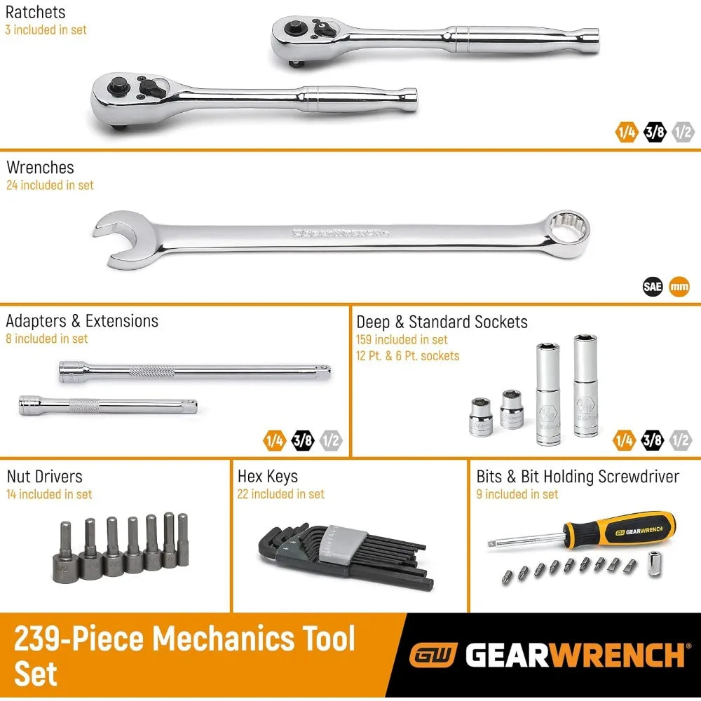 GearWrench 80966 243 Pc. 6 Pt. Mechanics Tool Set In 3 Drawer Storage Box