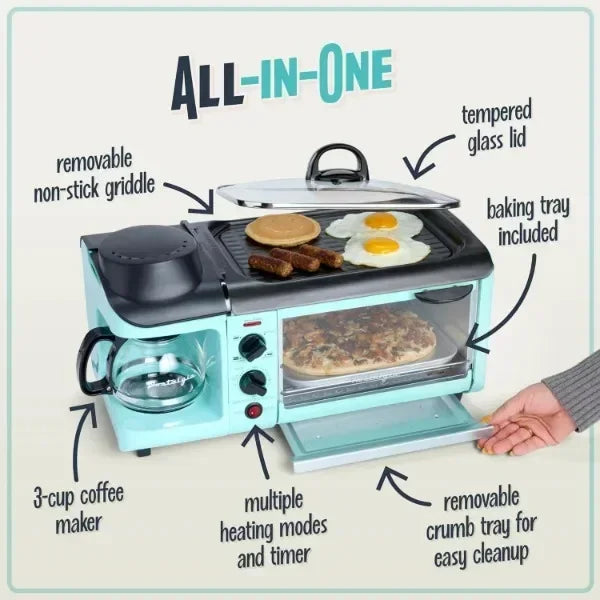 Nostalgia 3-in-1 Breakfast Station - Includes Coffee Maker, Non-Stick Griddle, and 4-Slice Toaster Oven - Breakfast Maker