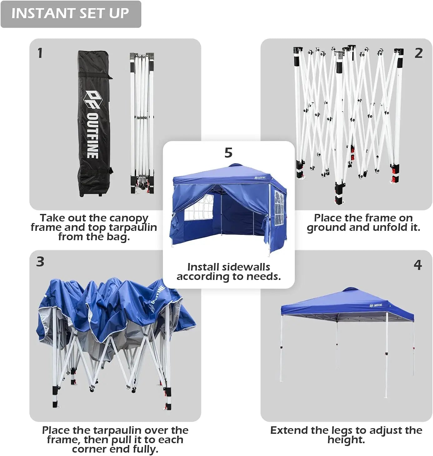 OUTFINE Patio Canopy 10'x10' Pop Up Commercial Instant Gazebo Tent, 4 Removable Sidewalls, Stakes x8