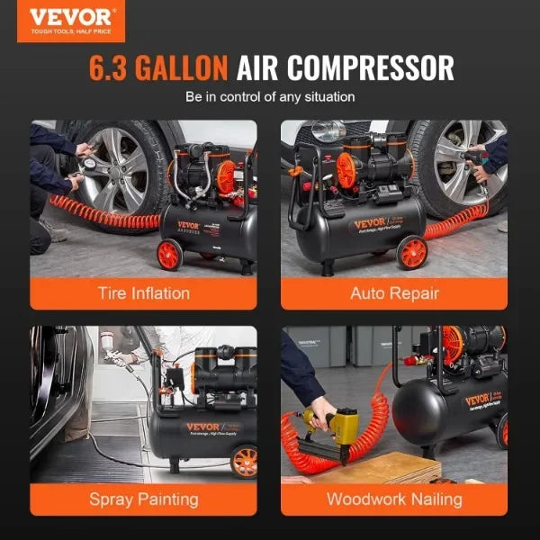 VEVOR 6.3 Gallon, 2 HP 3.35 CFM@ 90 PSI Oil Free Air Compressor Tank, 116 PSI Pressure MAX, 70 dB