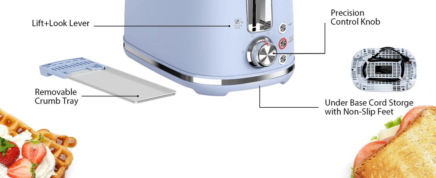 2 Slice Toaster w/1.5" Extra Wide Slots & Crumb Tray 6 Options Auto Shut Off & Frozen Function, Blue