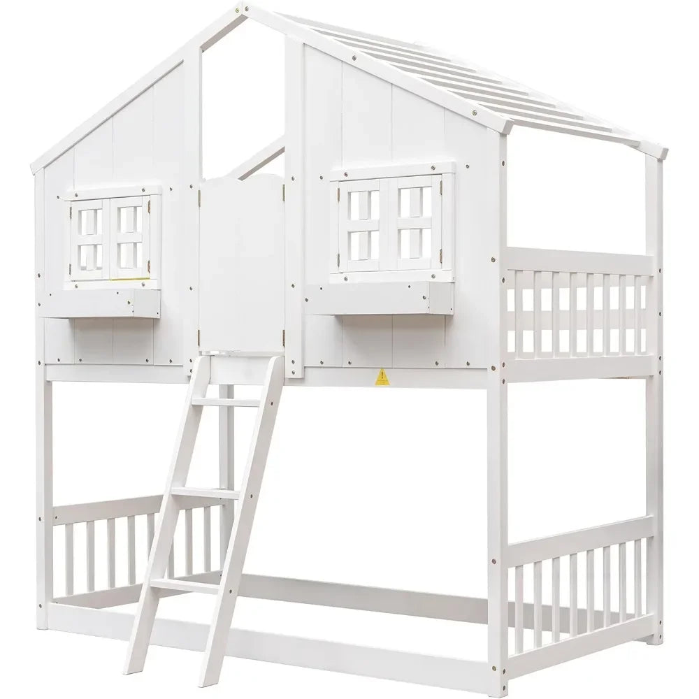 Twin Kids Bunk Bed  Twin Wood Frame/Window/Roof/Door, Safety Guardrails and Ladder Sturdy