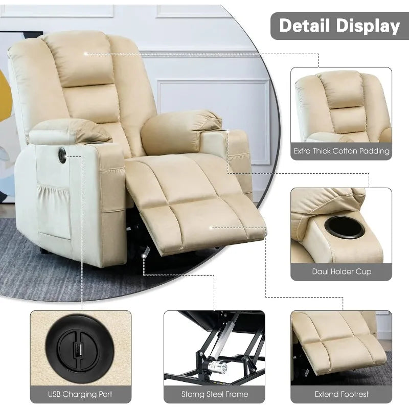 Power Lift Recliner Chair for Elderly, Plush Fabric Electric Recliner w/Heated & Vibration Massage