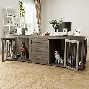 94.5" Large Dog Crate Furniture/2 Dogs, Double Wooden Dog Kennel Furniture/4 Dog Bowls & 3 Drawers