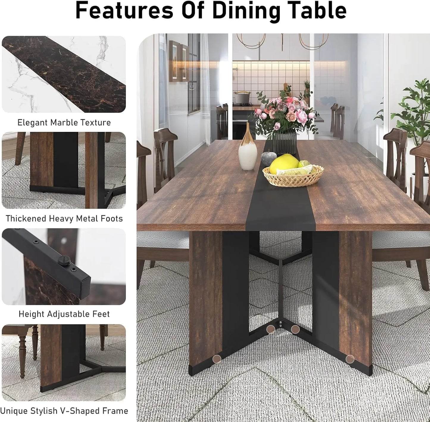 71In Large Rectangular Dining Table for 4 to 8 People 35 Marble Color Wood Waterproof Brown Tabletop