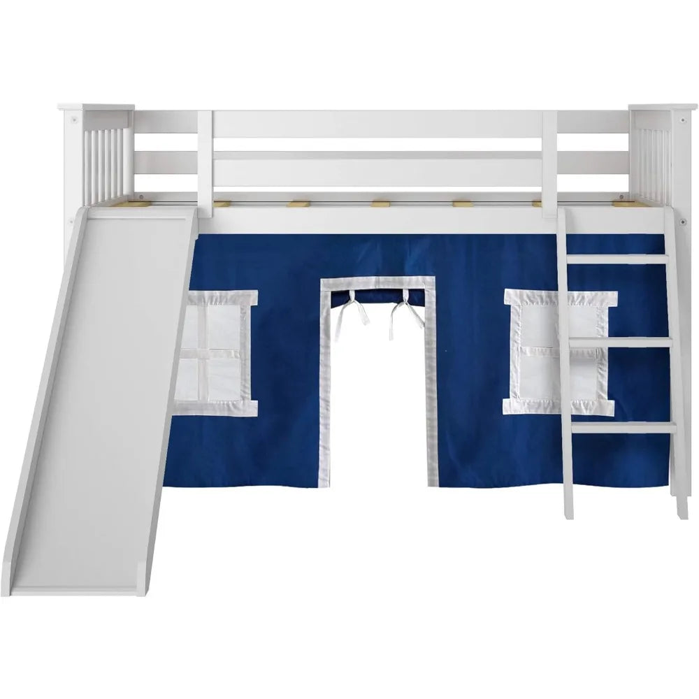 Low Loft Bed,Twin Bed Frame For Kids With Slide and Curtains For Bottom