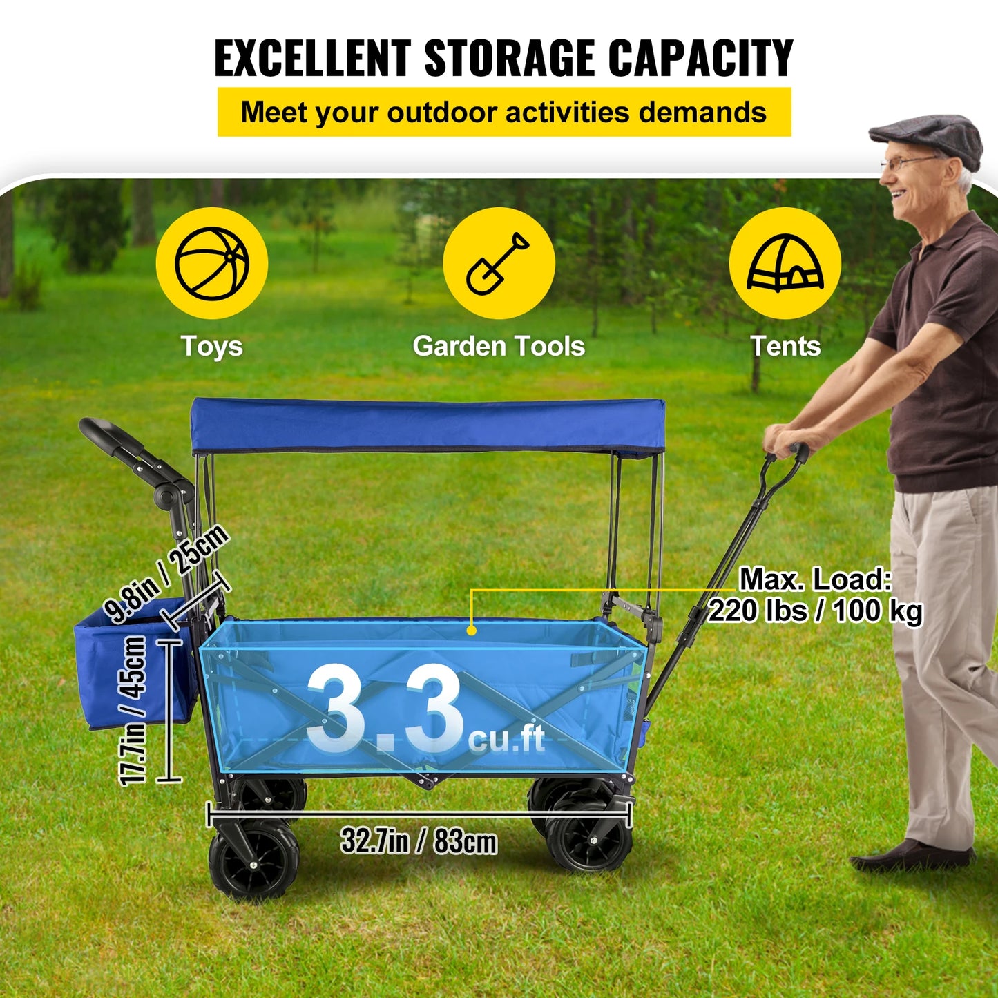 VEVOR Folding Wagon Cart W/ Adjustable Handle Bar Removable Canopy Oxford Cloth Collapsible