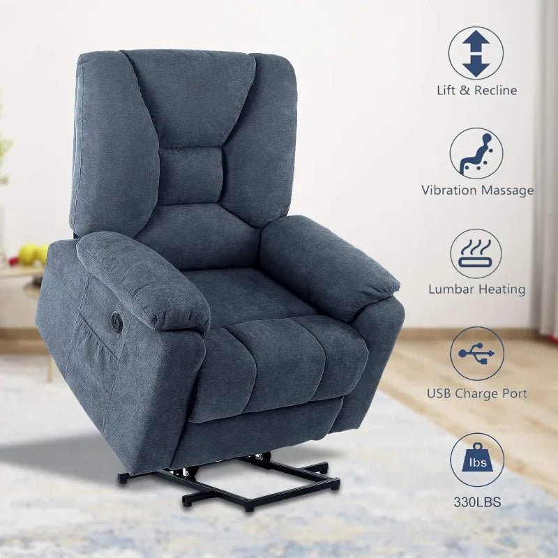 Power Lift Recliner Chair for Elderly, Plush Fabric Electric Recliner w/Heated & Vibration Massage