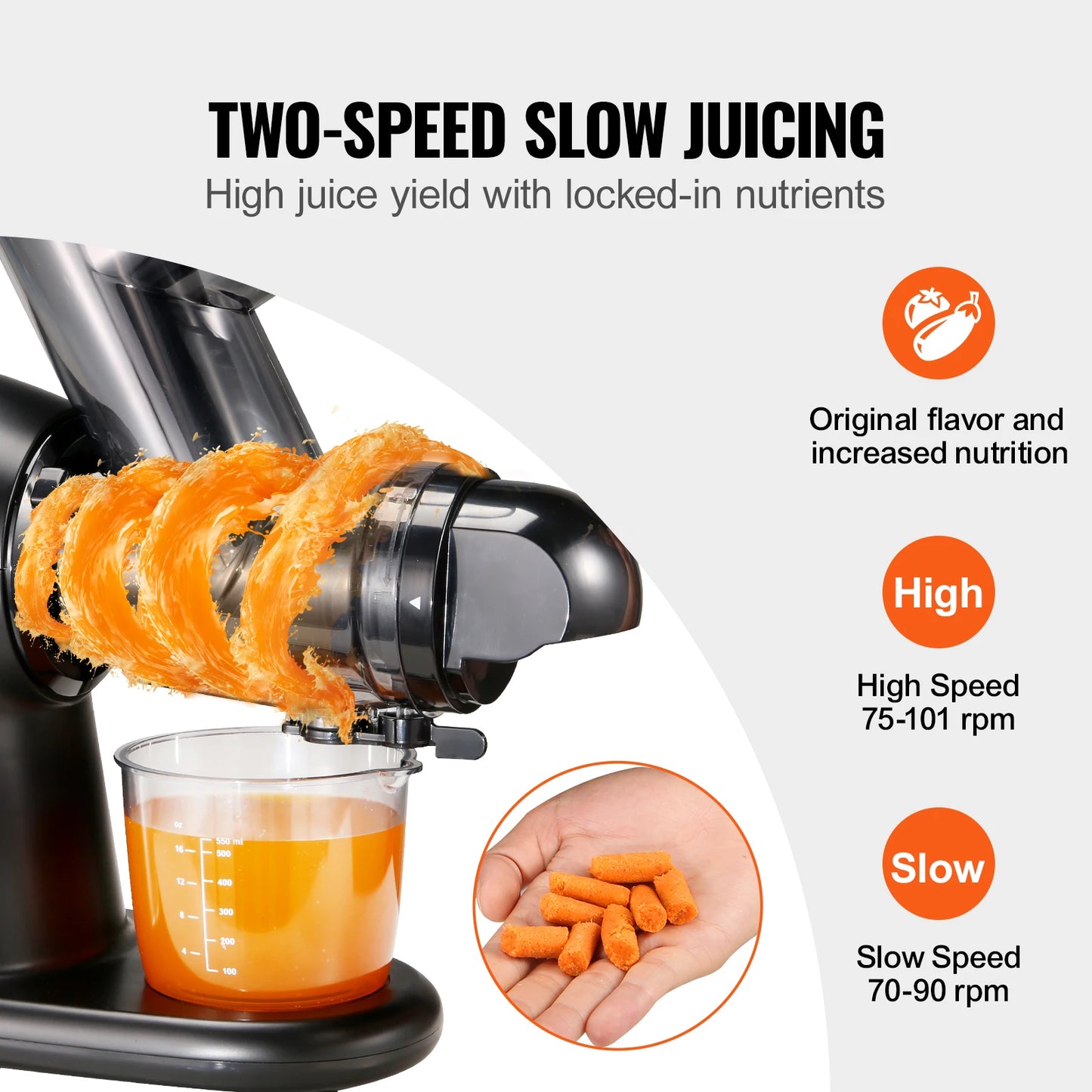 VEVOR Slow Masticating Juicer 2-Speed Mode Cold Press with Reverse Function & Quiet Motor