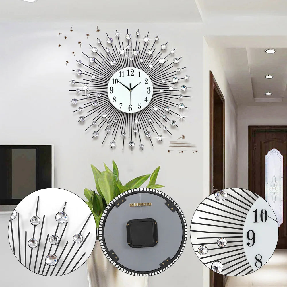 3D Large Metal Sunburst Wall Clock, Luxury Round Diamond Design, Battery Operated,Silent Non-Ticking