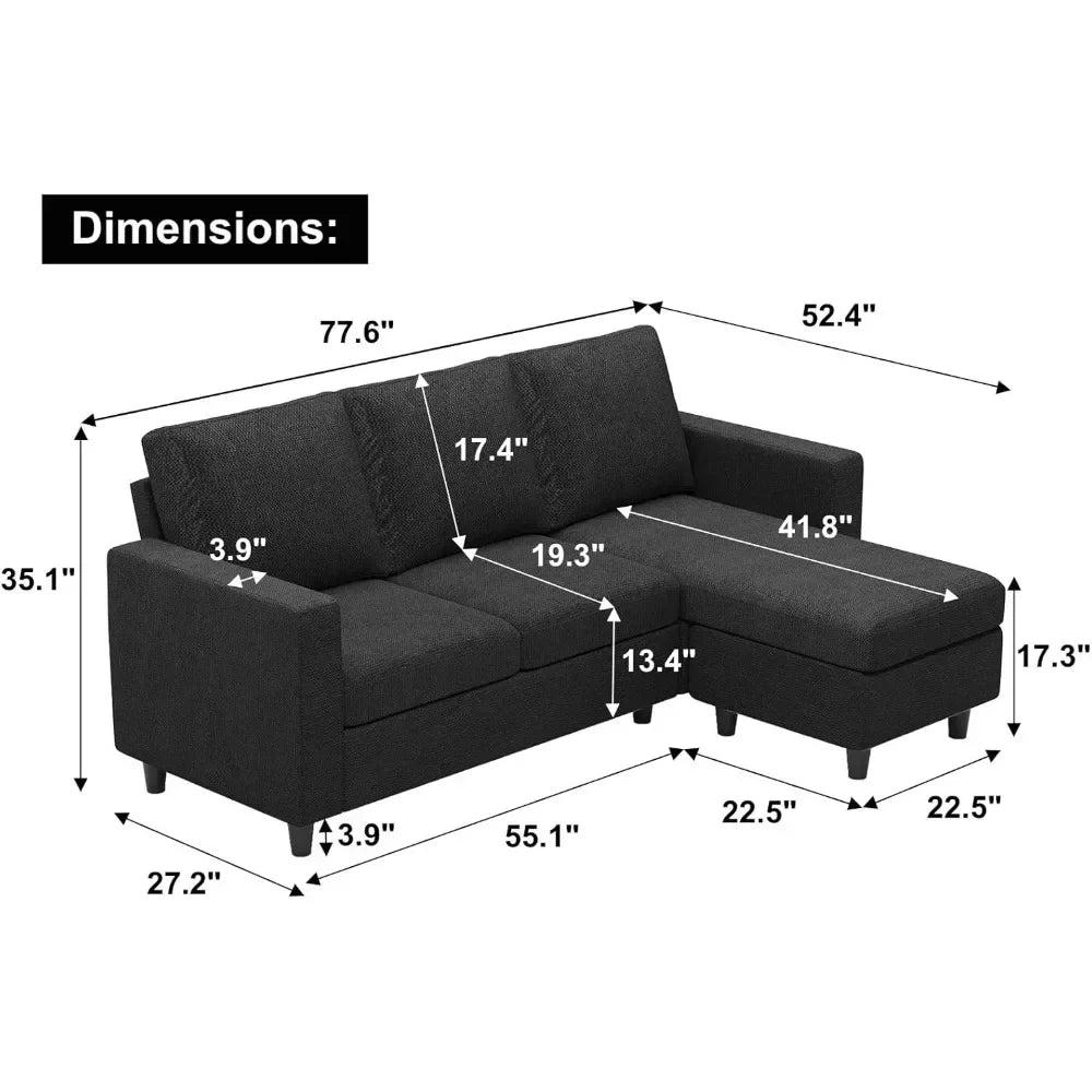 Convertible Sectional Sofa with Linen Fabric, Modern Couch with Reversible Chaise for Living Room and Small Space