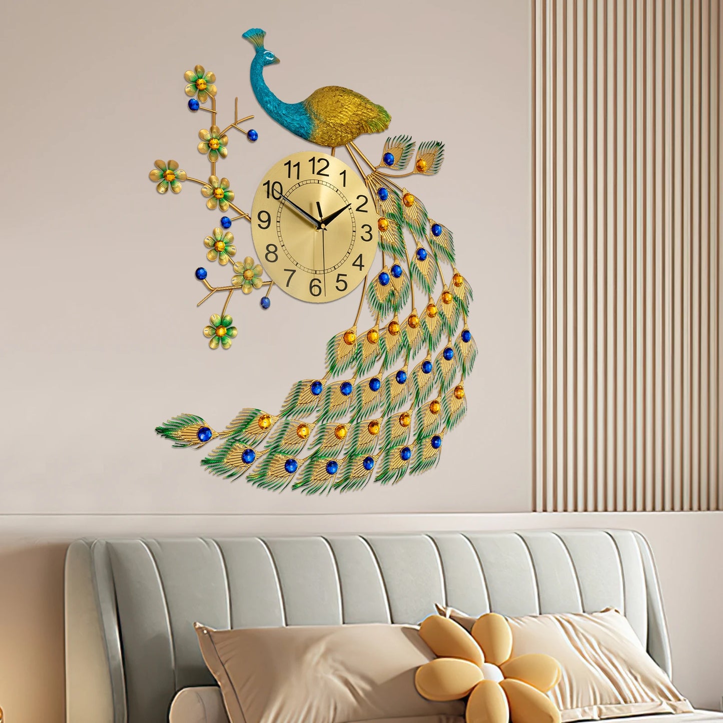 Iron Wall Clock,Gold Peacock Quartz Wall Clock 65*75cm Wall-Mounted