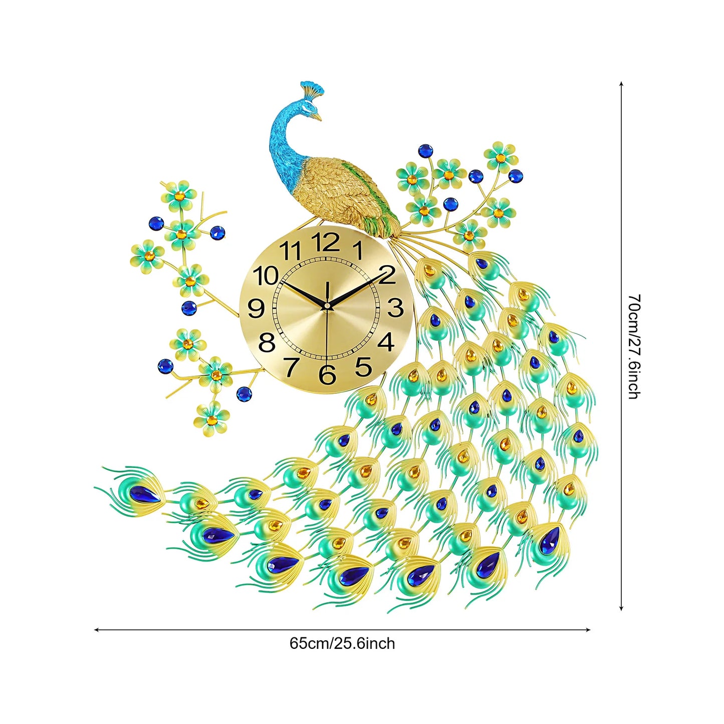 3D Creative Luxury Wall Clock Silent Non-Ticking Battery Operated Big Clock 29.5" Large Peacock