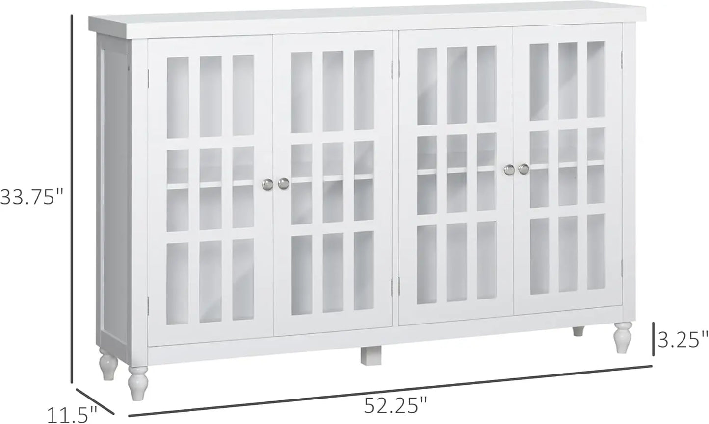 Sideboard, Buffet Cabinet w/4 Tempered Glass Doors, Stripe Pattern, Credenza, White