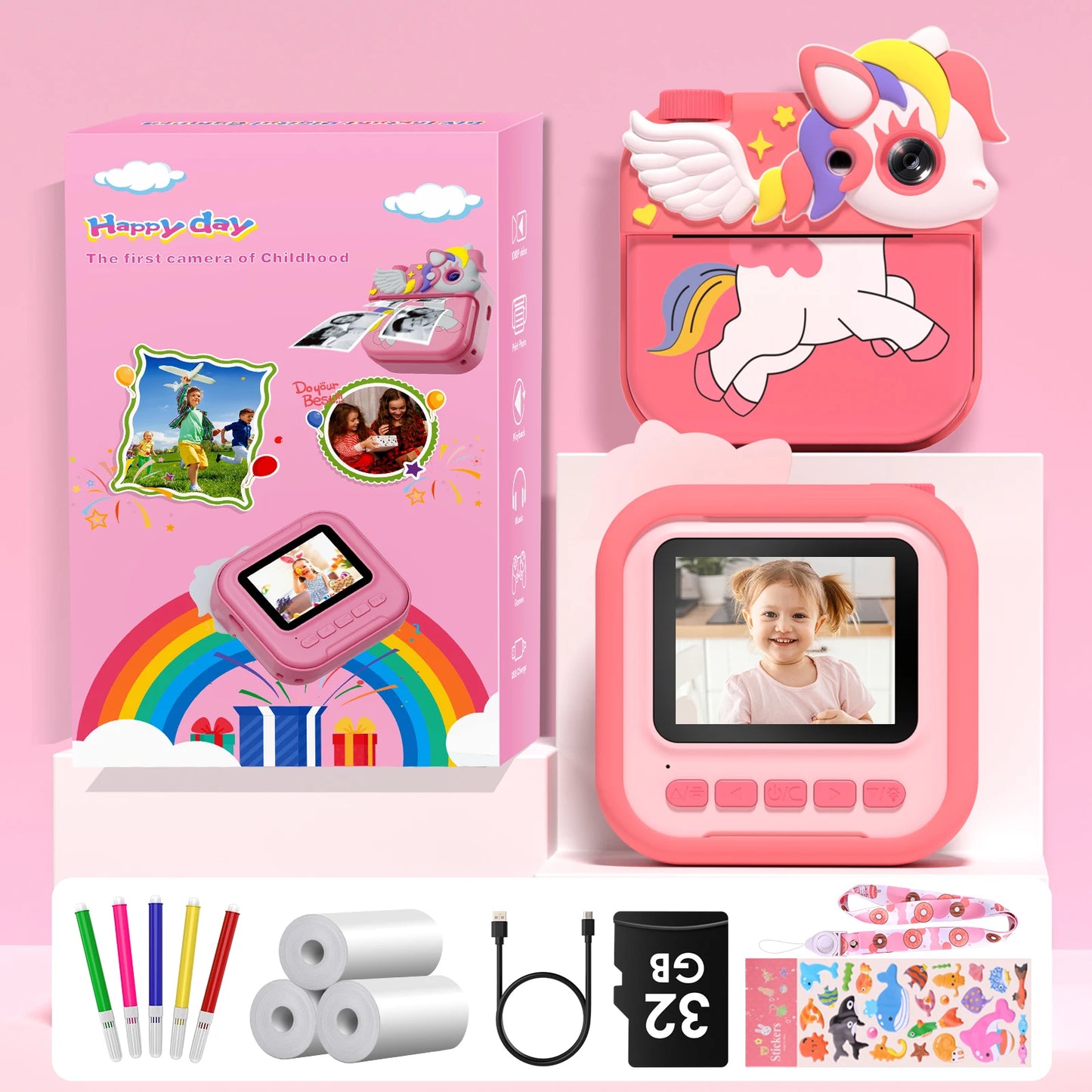 Gofunly Kids Instant Camera, 12MP 1080P HD IPS Screen Printing, 2.4" Instant Camera with 32G Card