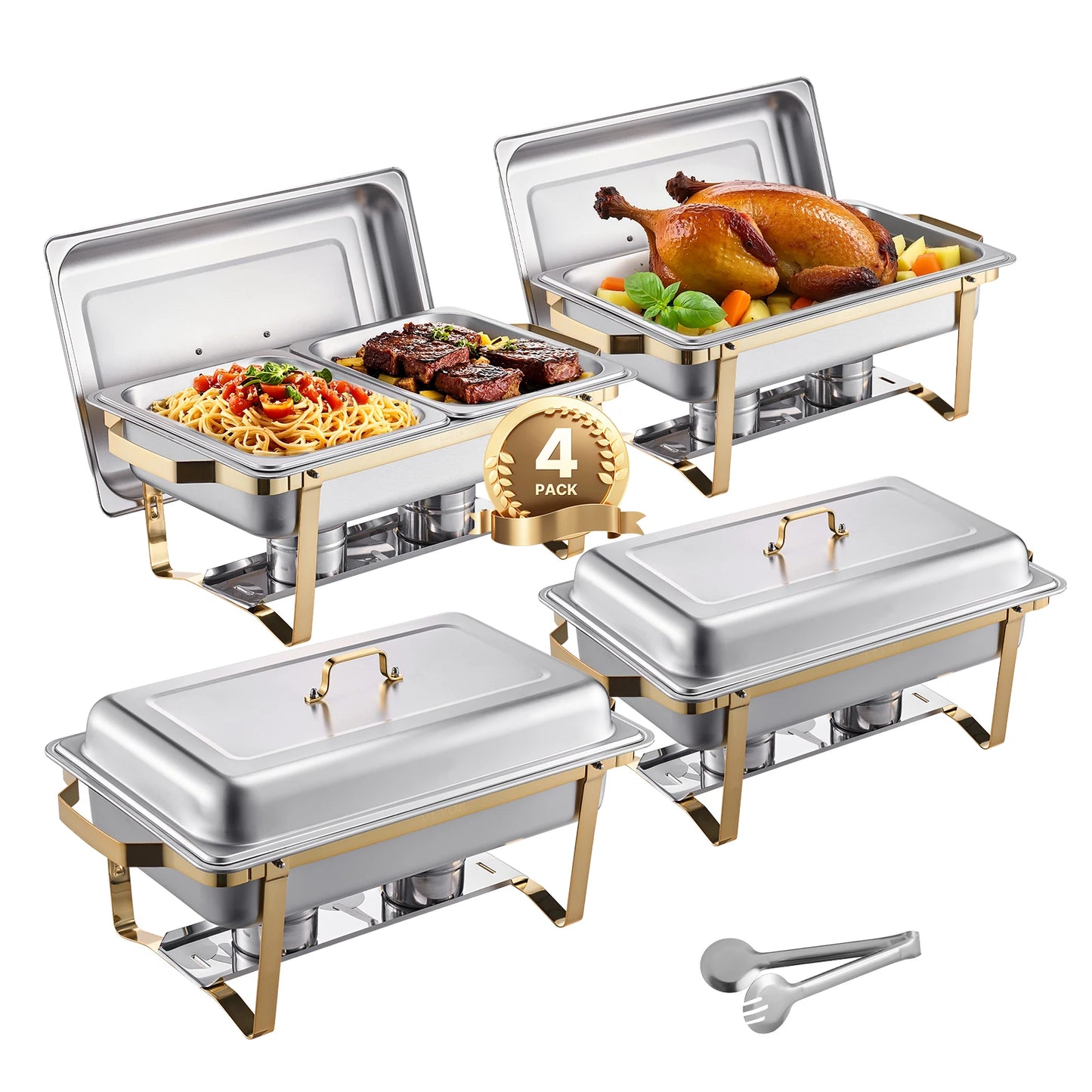 SucceBuy 8QT Chafing Dish 2/4/6 Packs w/ Full Size Pans Buffet Catering Warmer Server Folding Stand