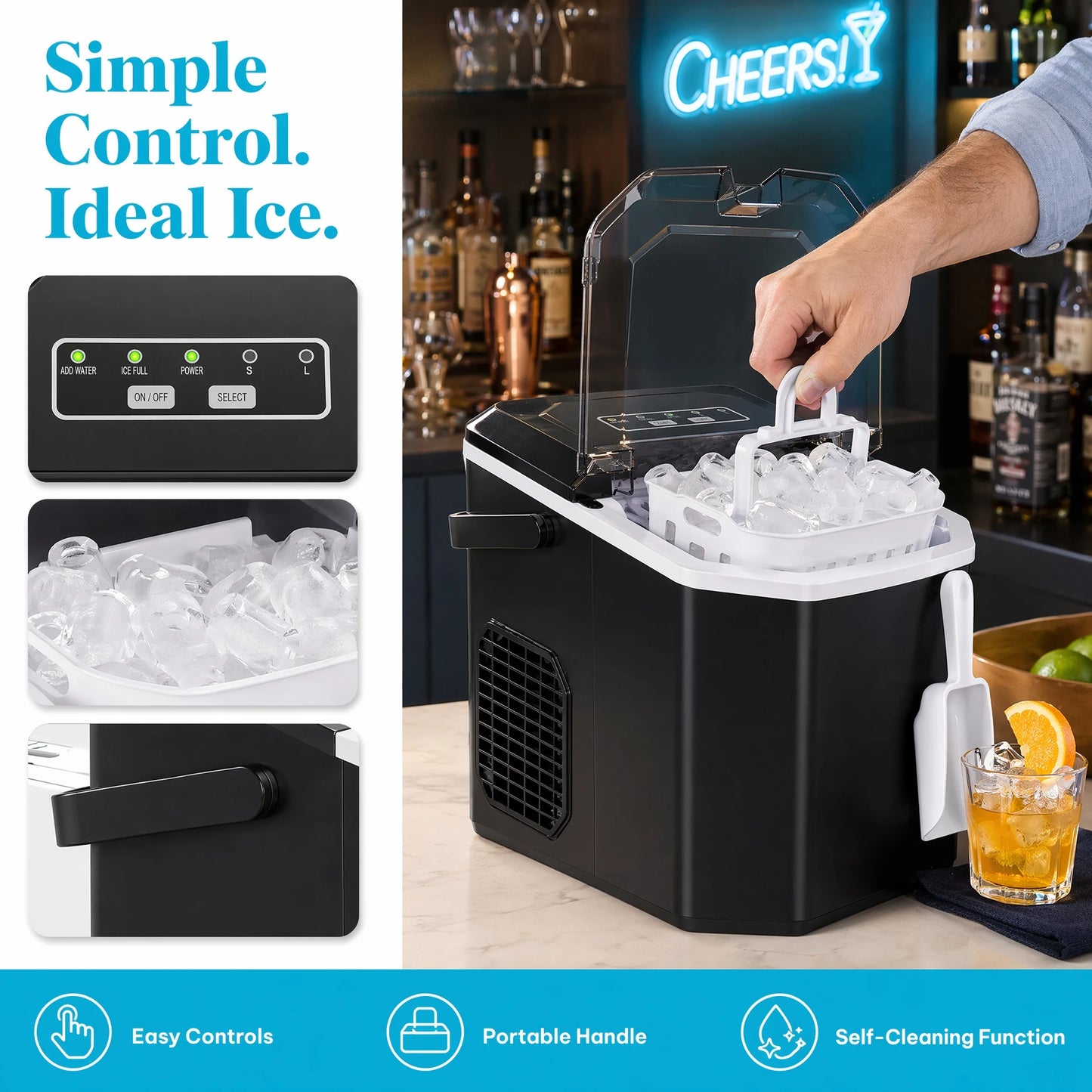 Ice Maker Countertop Machine with Handle, 26lbs in 24h, 9 Ice Cubes Ready in 6 Mins, Self-Cleaning