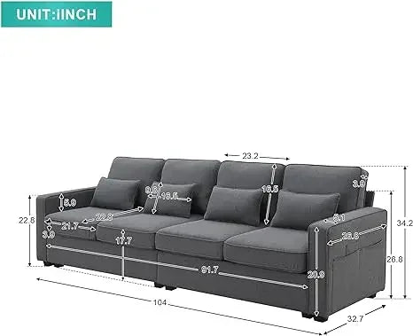 104" Linen Fabric Sofa with Armrest Pockets and 4 Pillows, Minimalist Style 4-Seater Couch