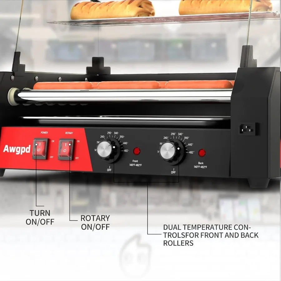 Hot Dog Roller Machine 12 Hot Dog and 5 Non-Stick with Glass Cover Drip Tray