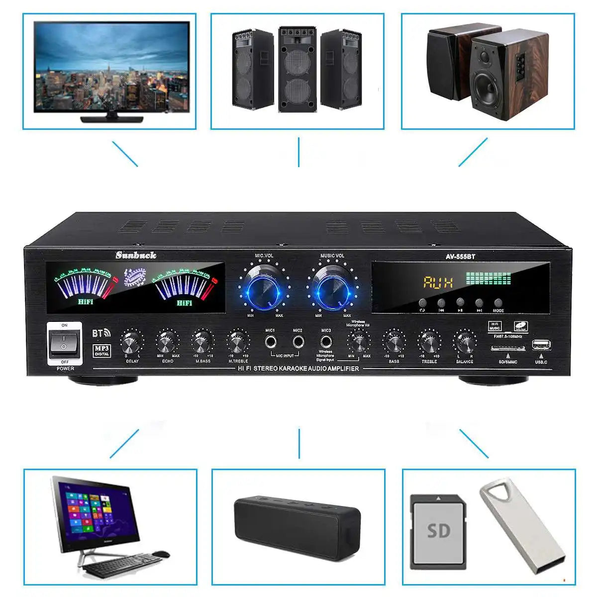 AV555BT 4000W 5CH Home Theater 12V bluetooth Home Power Amplifier Audio Stereo amplificador FM USB