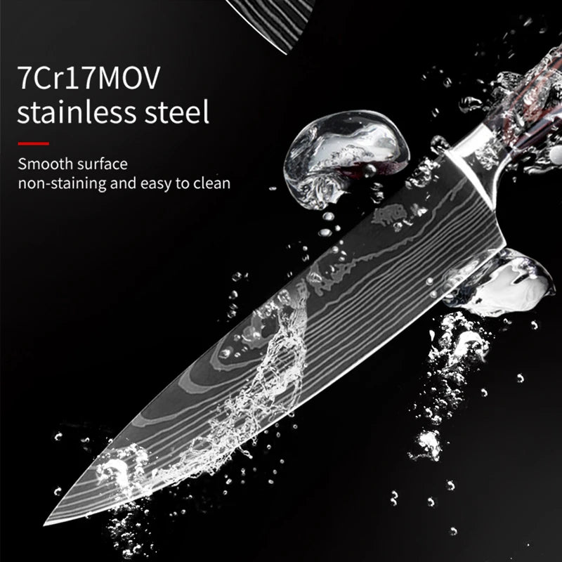 Kitchen Knives 7CR17 440C Stainless Steel Knife Laser Damascus Pattern - My Store