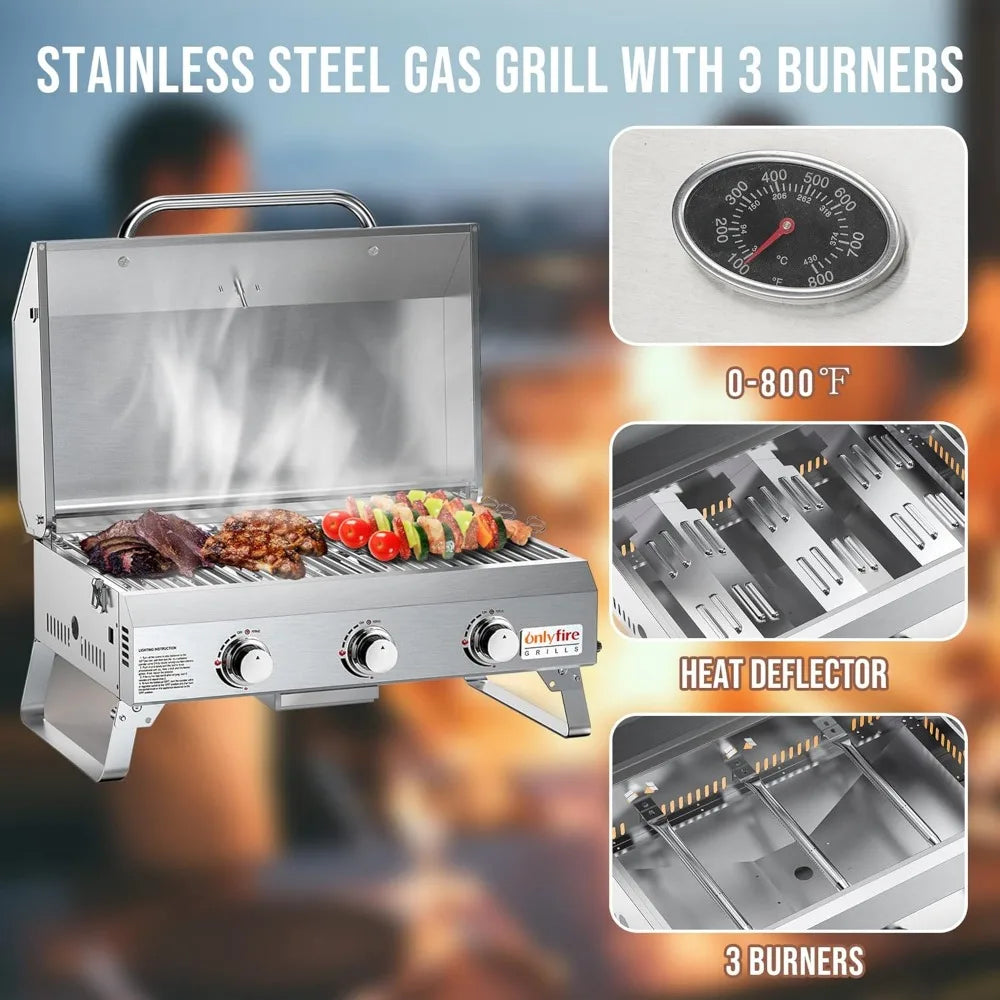 Tabletop Gas Grill 3 Burners, 24" Stainless Steel Portable Propane Grill with Foldable Legs