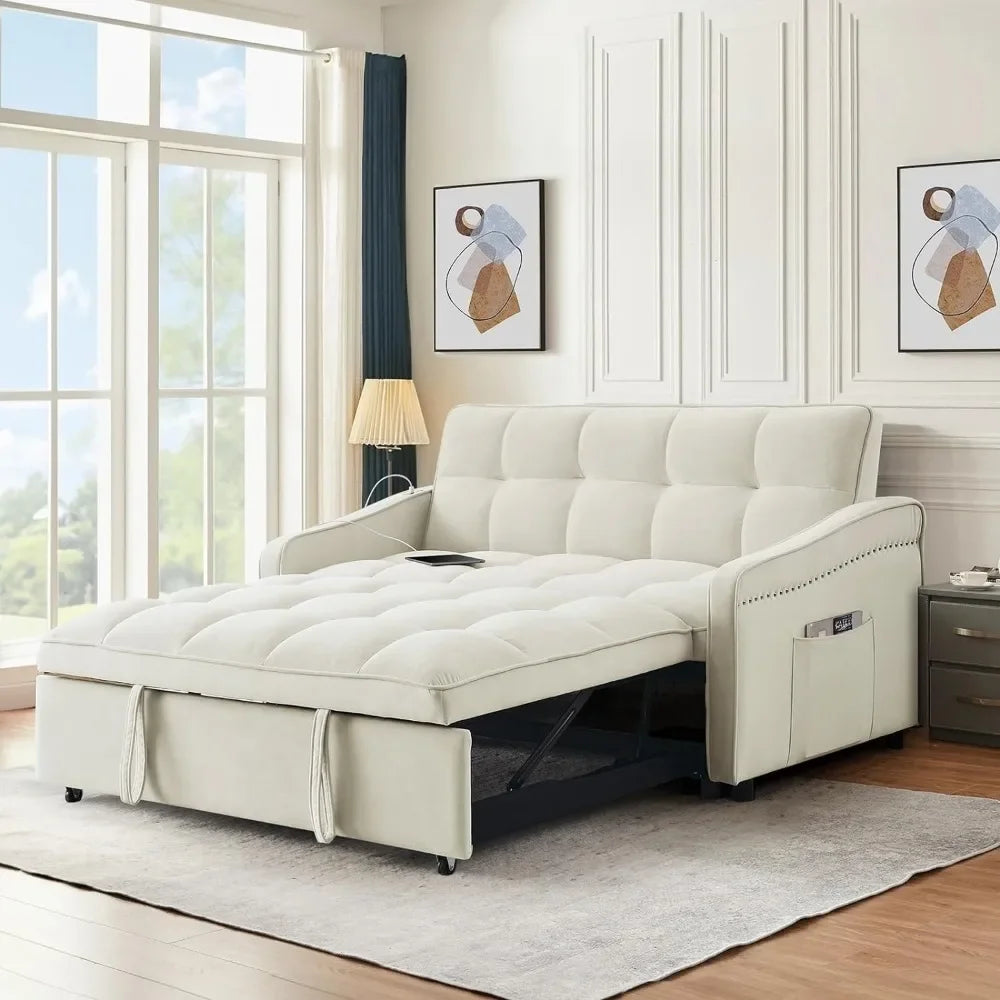 3 in 1 Sleeper Sofa Couch Bed w/USB & Type C Port, 52" Small Modern Loveseat Sofa w/Pull Out Bed