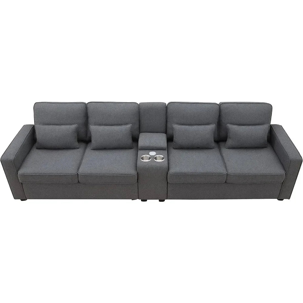 Upholstered Sectional Sofa with Console, 2 Cup Holders & 2 USB Ports & Wirelessly Charged, Modern