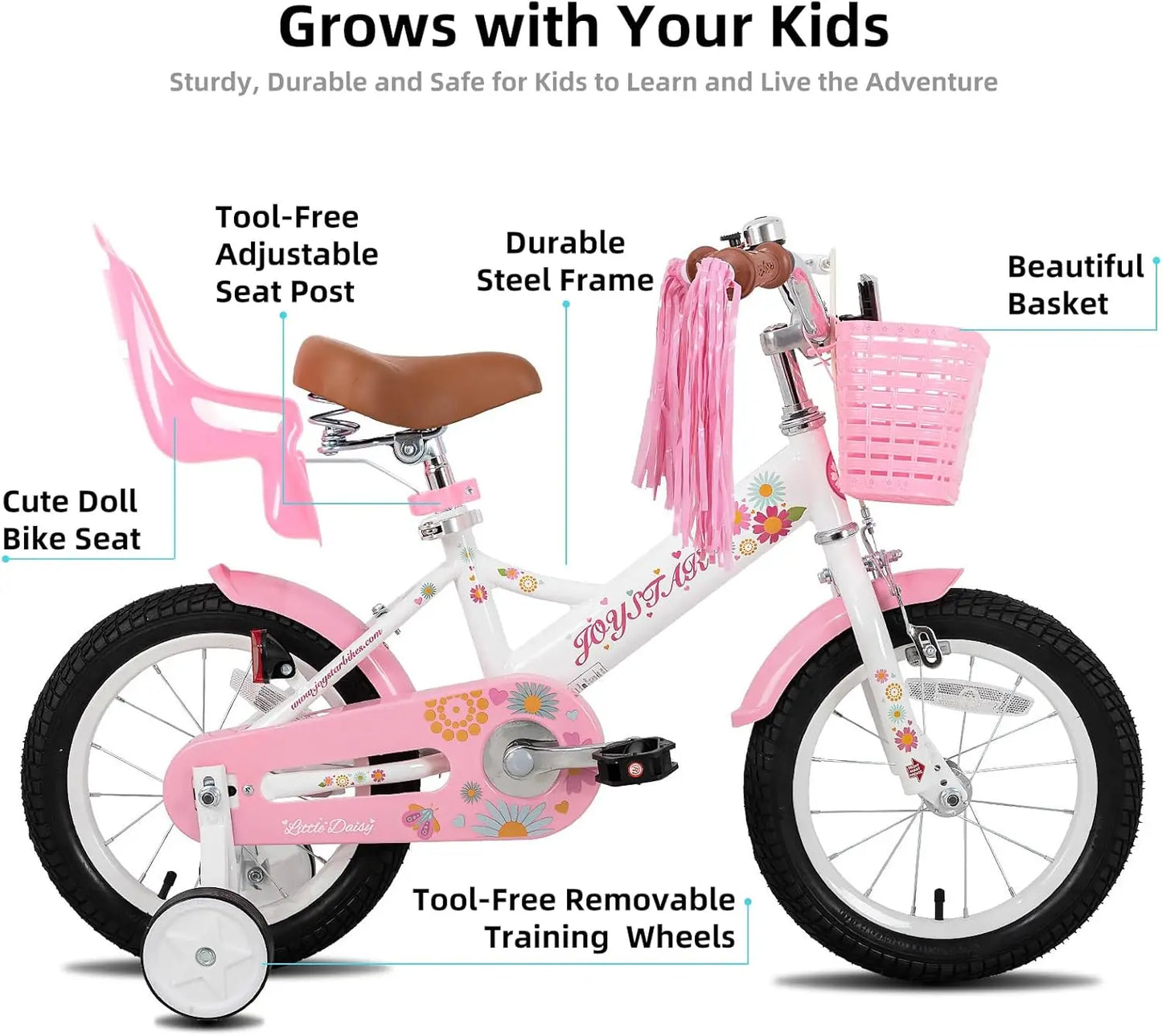 Little Daisy Kids Bike Ages 2-7 Years, 14 Inch Girls Bikes w/Doll Bike Seat & Streamers