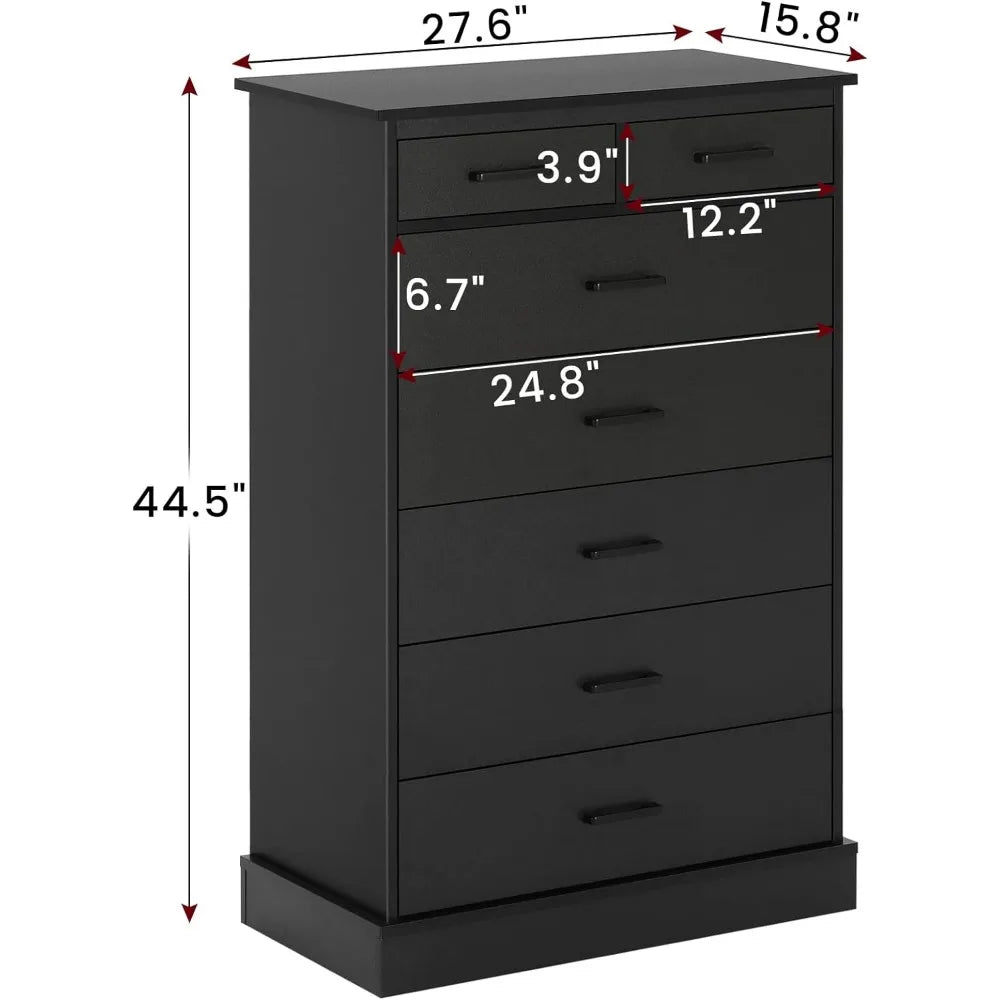 Black Dresser, Bedroom, Tall 7 Drawer Dresser w/Sturdy Base, Wood Storage Tower Clothes Organizer