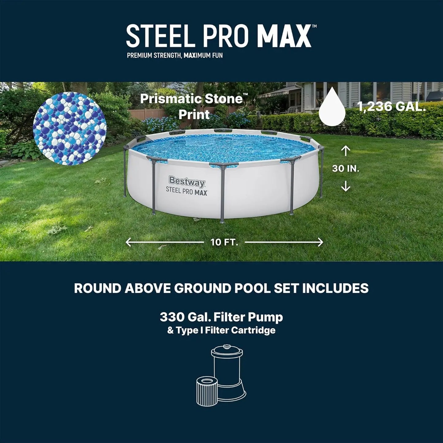 BESTWAY Steel Pro MAX 10' x 30" Above Ground Pool, Round Metal Frame Pool Set/Cartridge Filter Pump