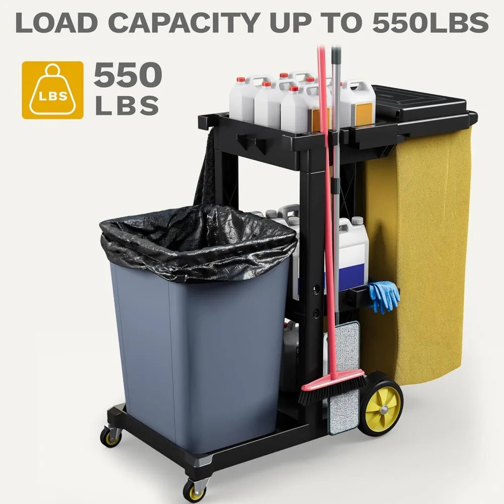 three-shelf traditional plastic janitorial cleaning cart with two yellow shelves for commercial