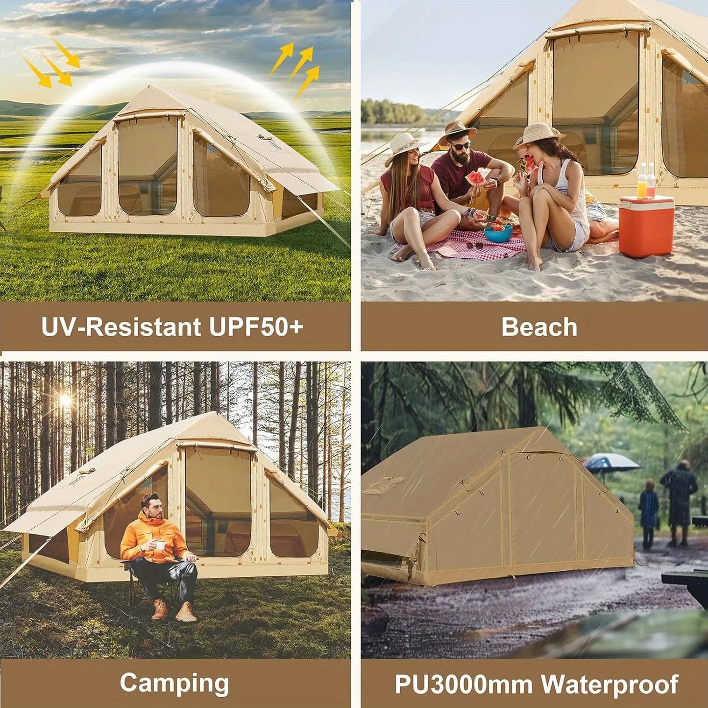 Inflatable tent camping for 1-6 people, hand pump inflation tent, w/skylight and chimney waterproof
