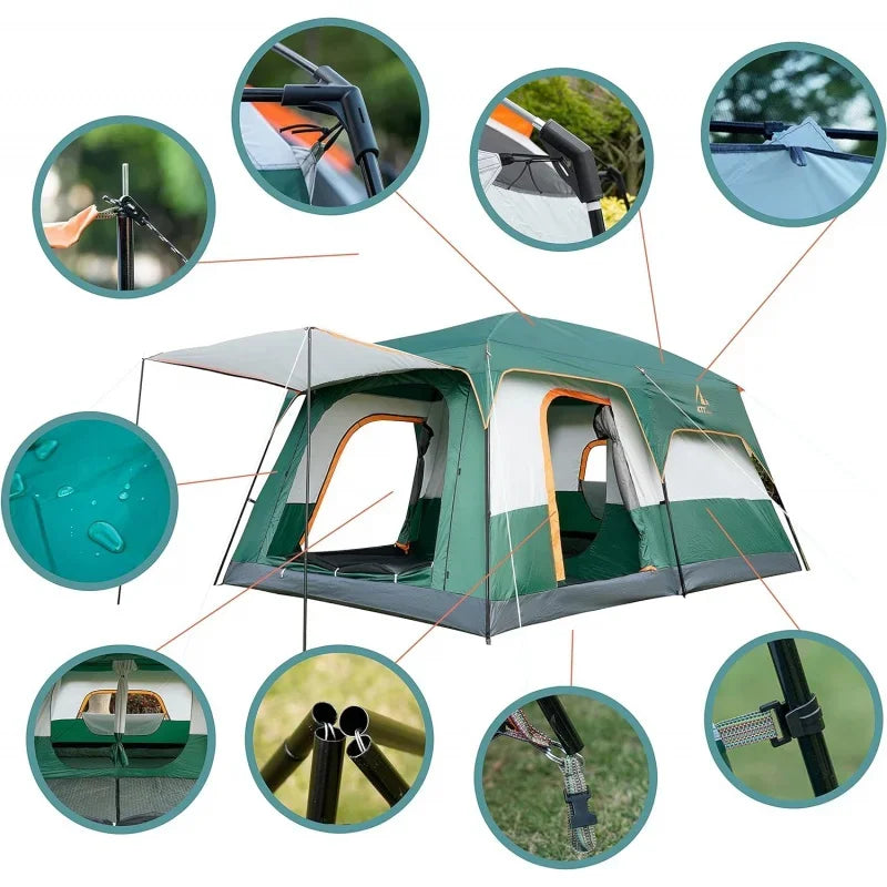 KTT Extra Large Tent 10-12-14 Person(Style-B),Family Cabin Tents,2 Rooms,3 Doors and 3 Windows