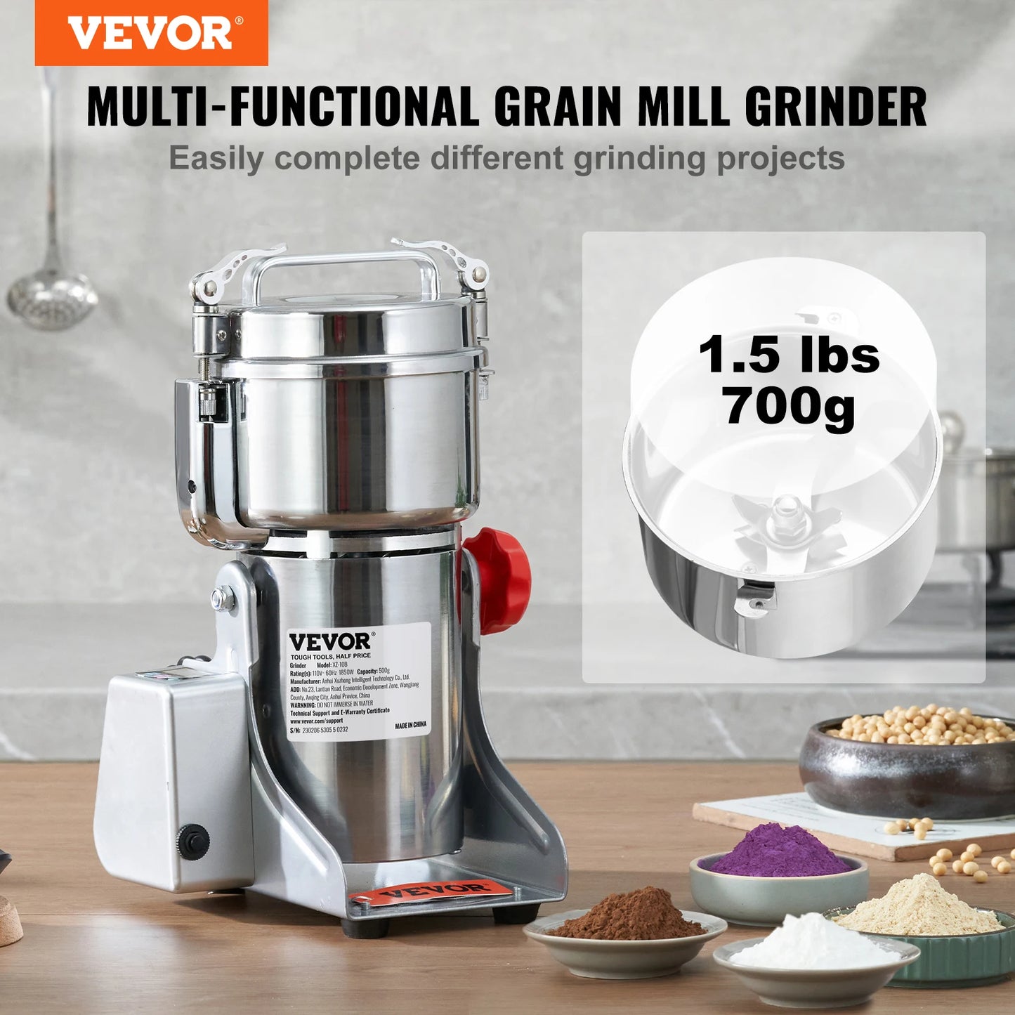 VEVOR Electric Grain Mill Grinder Stainless Steel Pulverizer Powder Machine Herbs Grains Spices