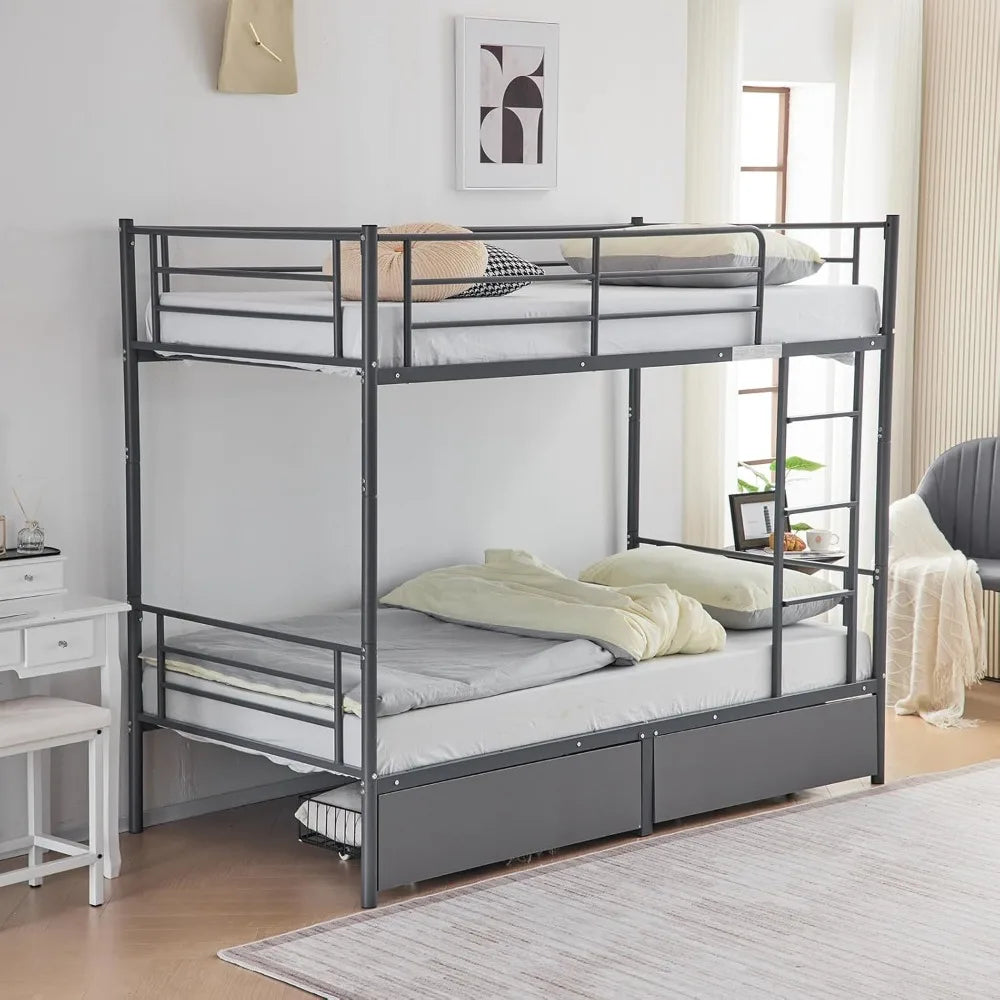 White Bunk Bed Twin Over Twin with 2 Storage Drawers, Metal Bunk Bed with Built-in Ladder