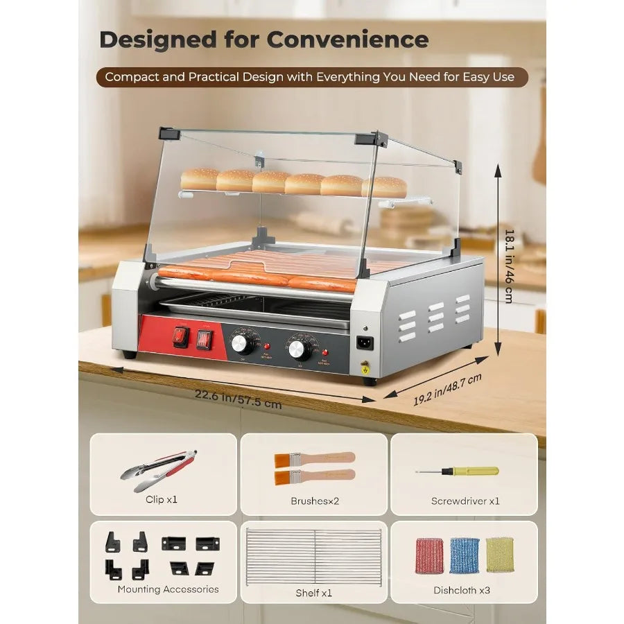 Hot Dog Roller 11 Rollers 30 Hot Dogs Capacity 1650W Stainless Steel Hot Dog Machine Bun Warmer