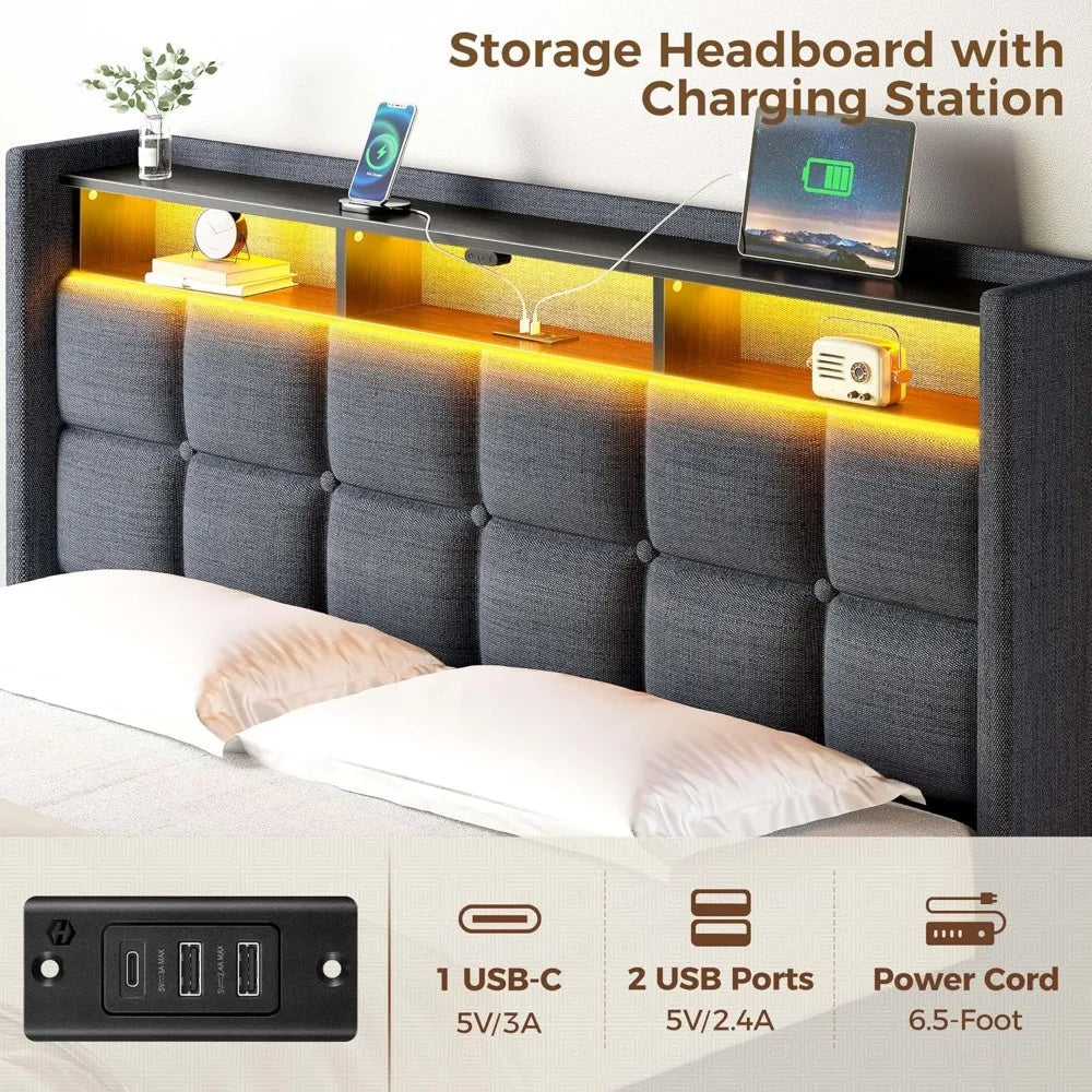 Rolanstar Bed Frame Queen Size, Lift Up Storage, Charging Station, LED Lights, Upholstered Headboard