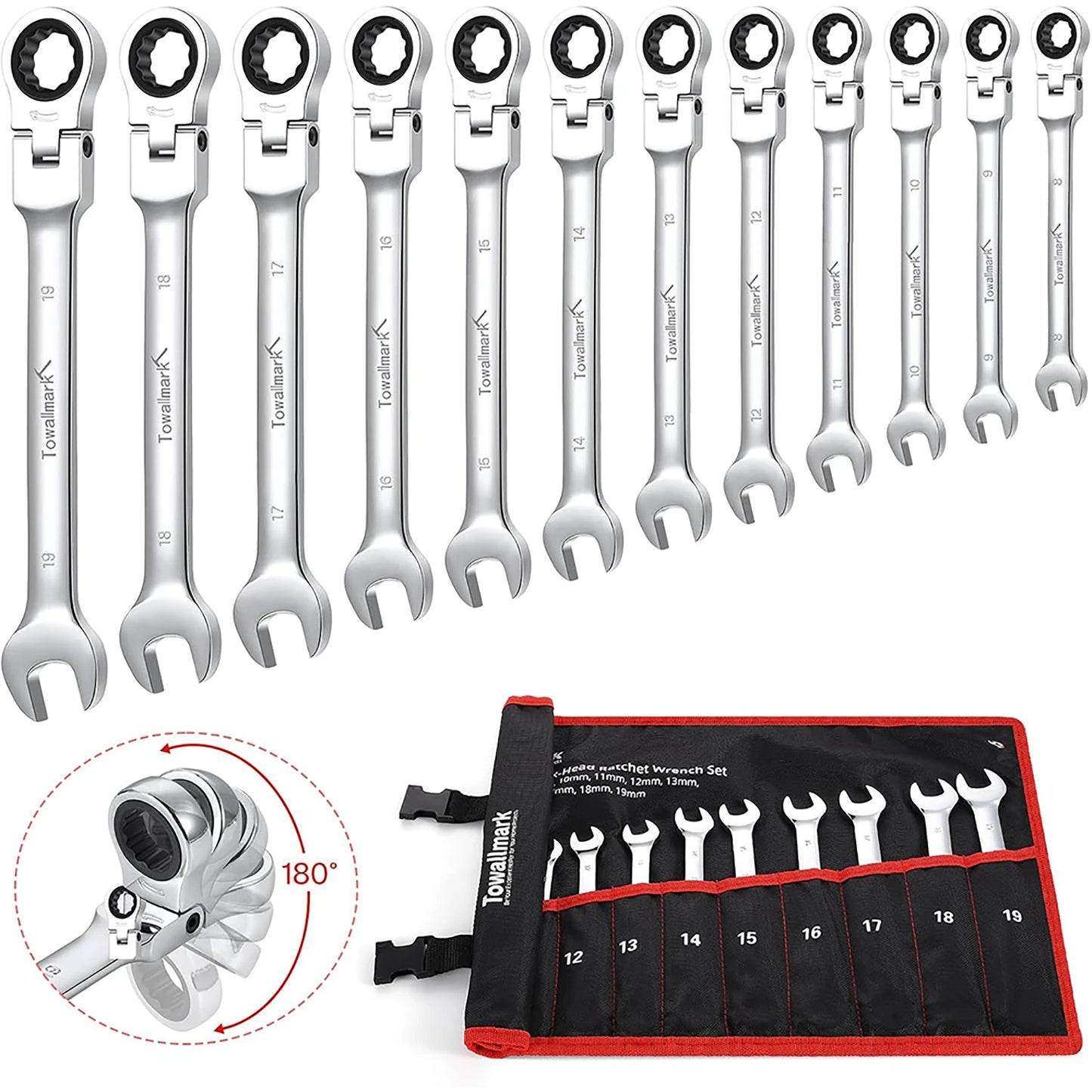 12-Piece Flex-Head Wrench Set, Ratcheting Combination Set, Metric 8-19mm, 72-Teeth,Cr-V Steel/ Bag