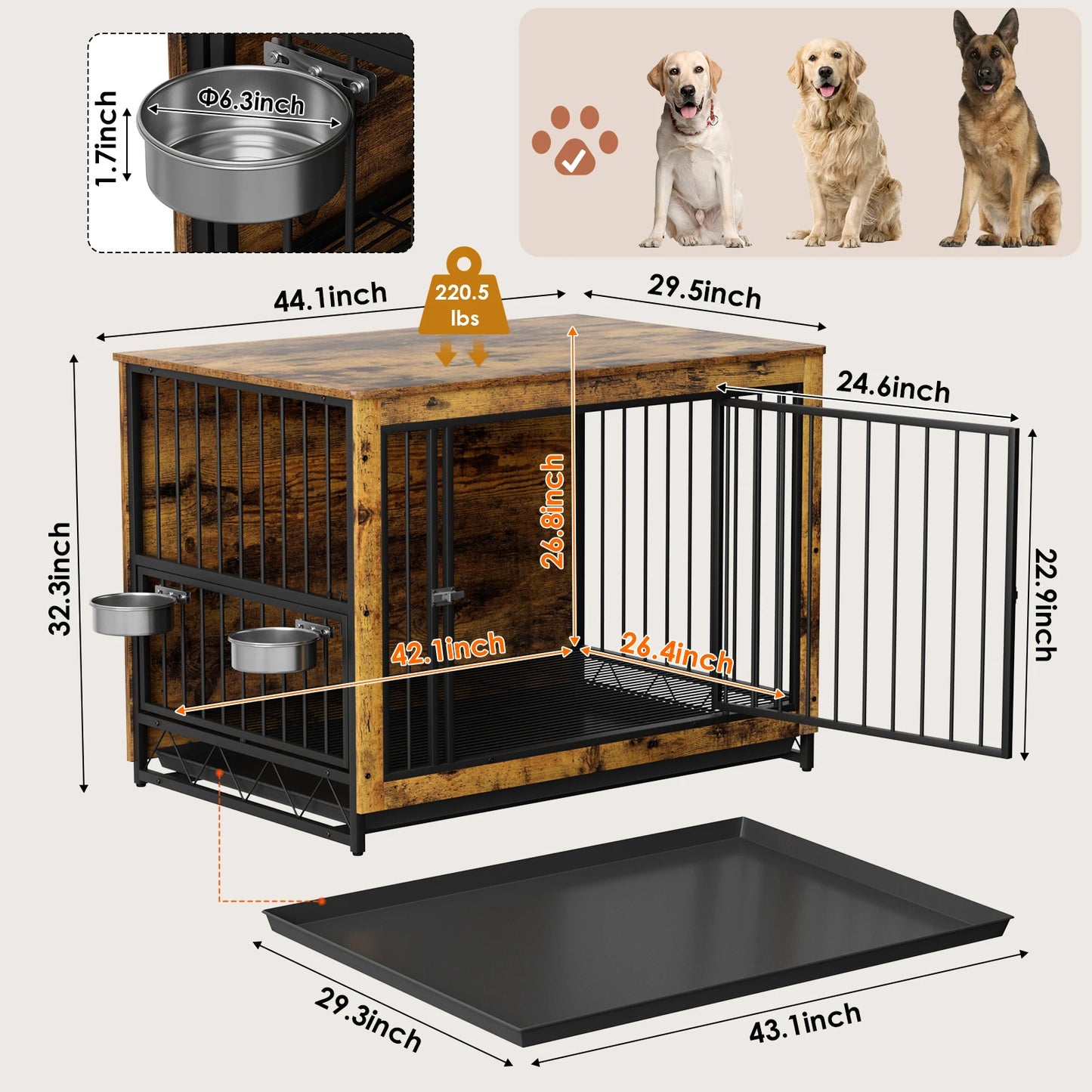 Furniture Style Dog Crate,Wooden Heavy Duty/ Raised Feeder/Dogs 2 Stainless Steel Bowls Brown/Gray